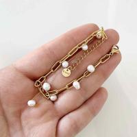 GOLDENCAT Pulsera elegante de acero con perlas para mujer, perlas de río, longitud extendida de la pulsera 16 cm, acero inoxidable, chapado en oro de 14k - details 4