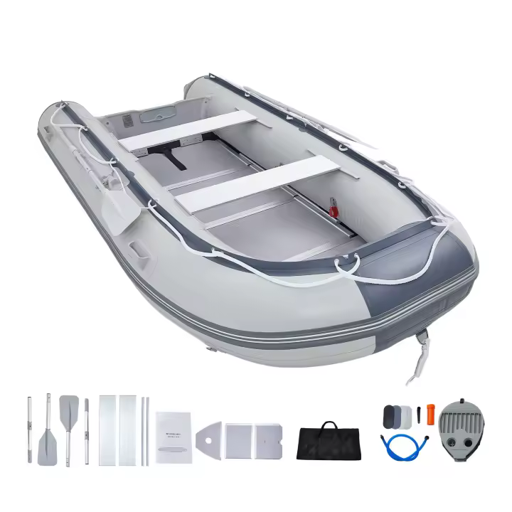 SucceBuy Bote inflable, bote deportivo de popa para 6 personas, capacidad de 1500 libras, piso de madera marina, banco de aluminio ajustable - 1