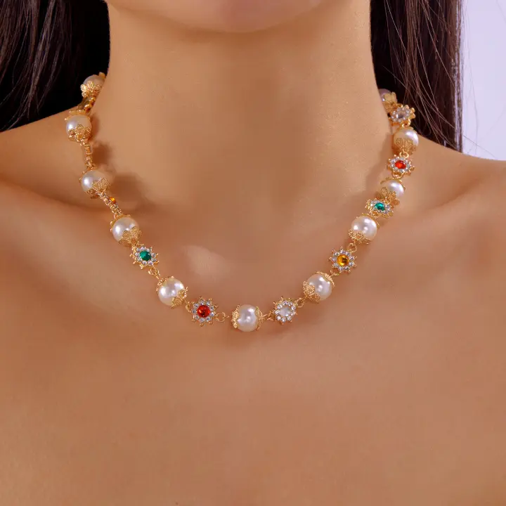 Nuevo ins, superventas, collar de flores con diamantes y perlas, cadena de clavícula multicolor de dopamina que combina con todo a la moda - 1