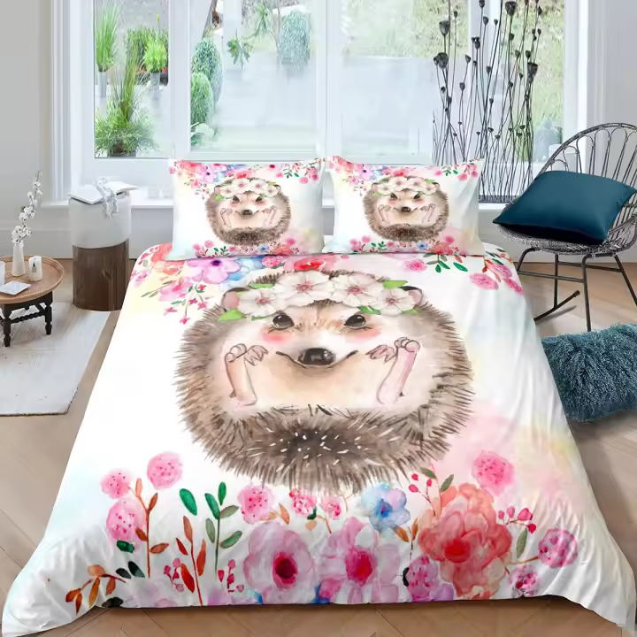 Funda de Edredón de Dibujos Animados de Erizo Cubierta de Cama Boho de Poliéster con Tinte de Acuarela de Flores - 1