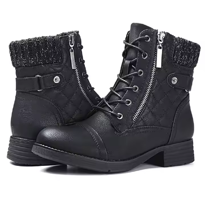 Botas cortas cálidas de otoño e invierno para mujer, botas Martin planas con cremallera lateral, botas de cuero con cordones y hebilla de cinturón - 1