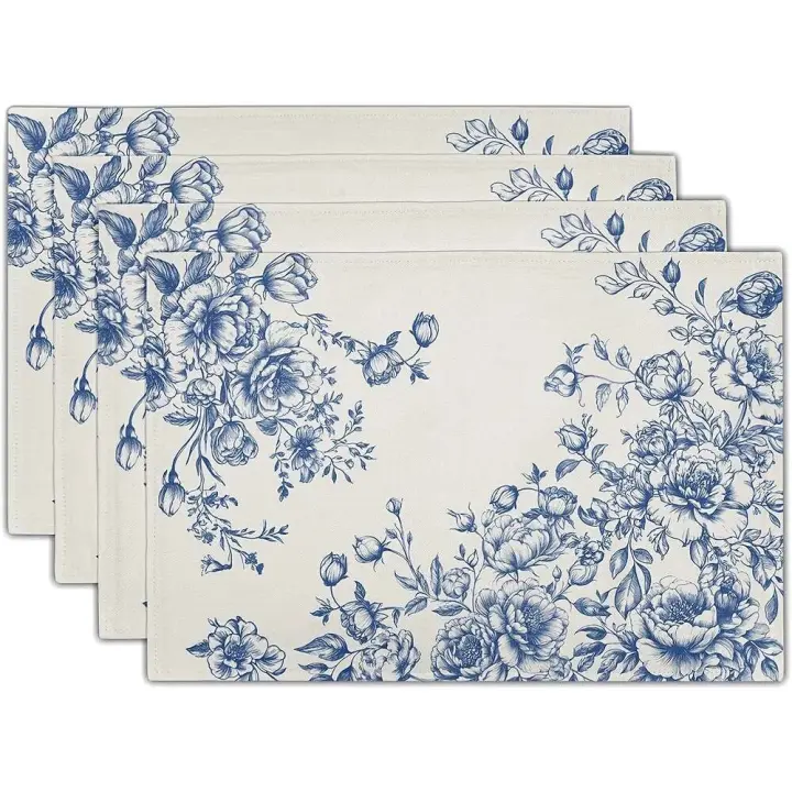 4 piezas de manteles florales vintage con flores azules chinas, medidas 12 x 18 pulgadas, resistentes al calor y lavables, Perfe - 1