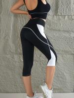 Leggings de yoga con bloques de color para mujer, cintura alta, patchwork, hasta la pantorrilla, pantalones deportivos elásticos para correr - details 1