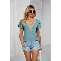 BUNO-2025 Camiseta holgada de manga corta con cuello en V para mujer, Top informal de encaje de Color puro, camiseta holgada cómoda y transpirable para verano - details 50