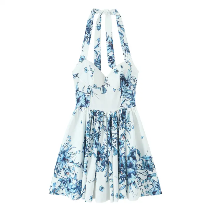 Vestido de verano 2025 con estampado floral, cuello halter en contraste de color, sin espalda, falda corta, nueva moda para mujer - 1