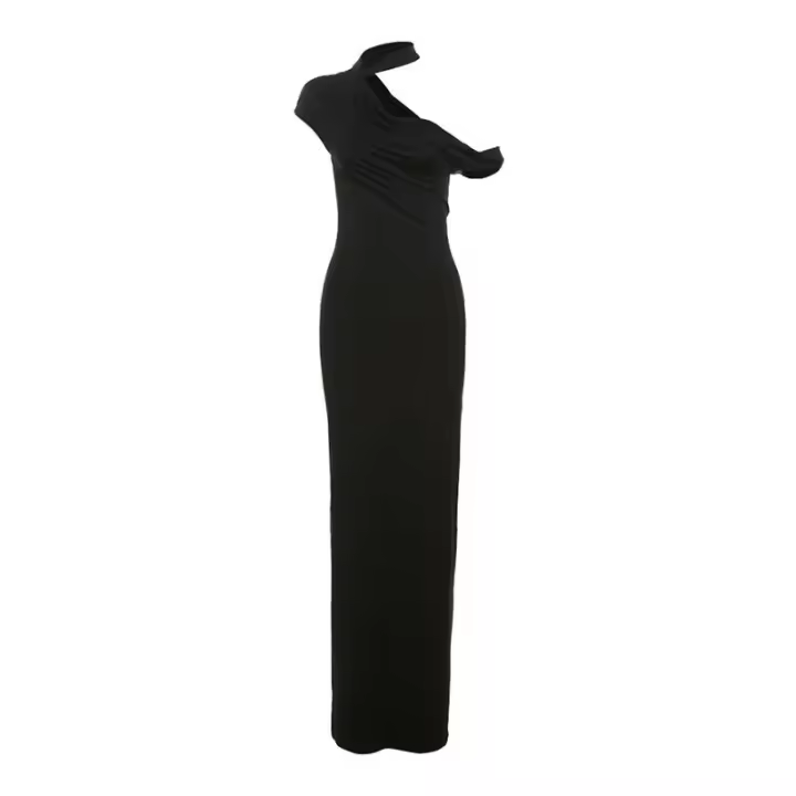 Viento 2024 Primavera/Verano nueva moda mujer puro deseo temperamento largo Color sólido cuello inclinado fuera del hombro vestido adelgazante - 1