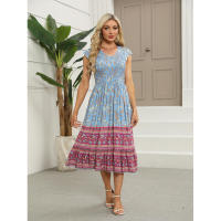 Vestido de verano con estampado bohemio, estilo de vacaciones, cuello en V, manga acampanada, moda para mujer - details 2