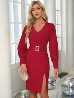 Vestido Ajustado Corset de Midi Línea A Cuello en V Manga Larga Diseño Curvy - details 9