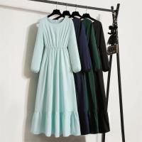 Vestido largo ajustado a la cintura con jersey de manga larga de color liso para mujer - details 1