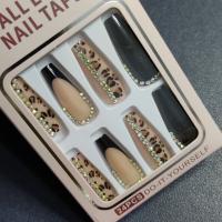 Set De Uñas Postizas Largas En Forma De Cofrinha Con Diseño De Leopardo Y Joyas 24pcs Negro Estilo Francesa Para Dedos - details 7