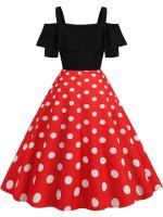 Vestido de fiesta Vintage elegante con hombros descubiertos, vestidos Midi de línea A con volantes y lunares de verano para mujer - details 12