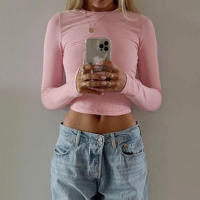 BUNO-2025 primavera nueva camiseta de manga corta para mujer sólido Simple Casual suave todo-fósforo caliente básico Crop Tops camisetas moda de verano - details 4