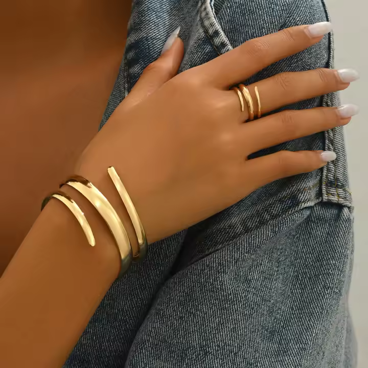 Conjunto de Pulsera-Anillo de Estilo Geométrico de Lujo Diseño Curvado All-Match - 1