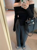 Jersey de otoño para mujer, Top Irregular con hombros descubiertos, suéter de punto negro de manga larga con base para mujer - details 14