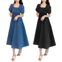 Vestido de verano para mujer, fruncido plisado, cuello cuadrado, manga corta, manga de burbuja, vestido de mujer de Color sólido, vestido Midi con dobladillo suelto - details 18