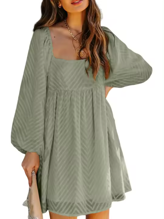 Elrachen Vestido corto babydoll con cuello cuadrado y manga abullonada para mujer, estampado de rayas, tallas S-XL - 1