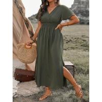 Vestido largo de verano 2024 de color sólido con cuello en V, manga acampanada, cintura elástica, adelgazante y con abertura. - details 8