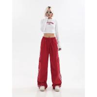 Pantalones de chándal rojos holgados informales de pierna ancha para mujer, ropa de calle de cintura alta, pantalones Cargo, pantalones Hippie para correr, ropa de primavera 2024 - details 3