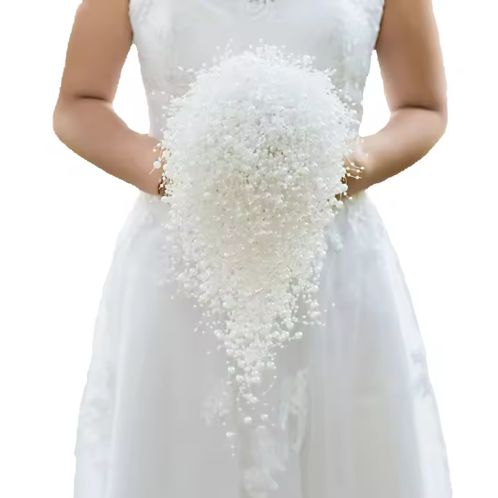 Ramo de novia hecho a mano, flor de boda, perlas completas, marfil y blanco, 100% - 1