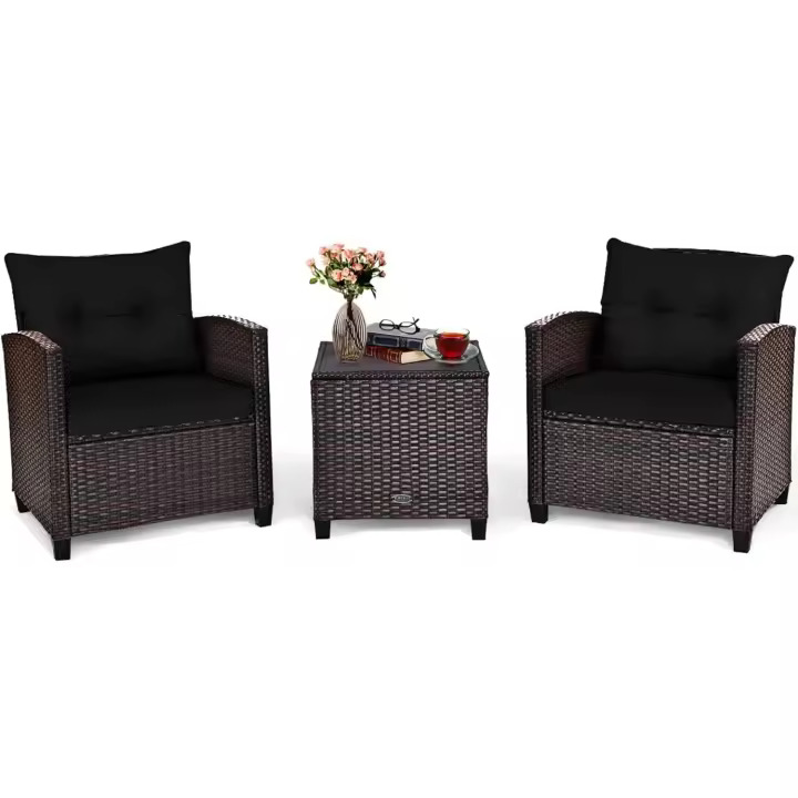 Conjunto de jardín exterior de ratán de 3 piezas, 1 mesa auxiliar de vidrio templado y 2 sillas con cojines, muebles de jardín terraza balcón exterior (negro) - 1