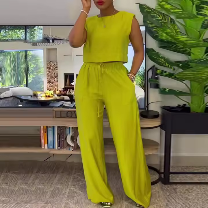 Conjunto casual de otoño para mujer, chaleco sin mangas de cuello redondo de color sólido y pantalones largos de pierna ancha - 1