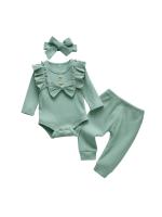 Conjunto de Ropa Informal para Niña Recién Nacida Mono de Manga Larga Tejido con Volantes, Pantalones Infantiles y Diadema, Trajes de Color Sólido, 3 uds - details 0