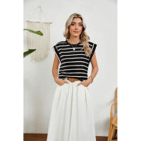 BUNO-2025 Tops para mujer, pantalón corto informal de moda de verano, camisetas básicas con textura a rayas de Color sólido y cuello redondo - details 77