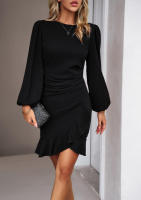 Vestido de manga mullida con temperamento femenino, ropa de otoño e invierno, nuevo, color sólido - details 1