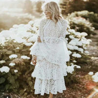 Vestido de encaje blanco de talla grande, mangas acampanadas, cuello redondo, con volantes, para fiestas de otoño y primavera. - details 4