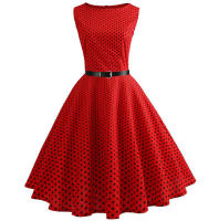 Dot print women hepburn 50s 60s swing vintage a-line party dresses with belt - details 7