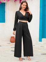 Chaqueta corta de manga larga para mujer, conjunto de 2 piezas con cuello en V, Pantalones rectos, otoño e invierno, 2023 - details 14