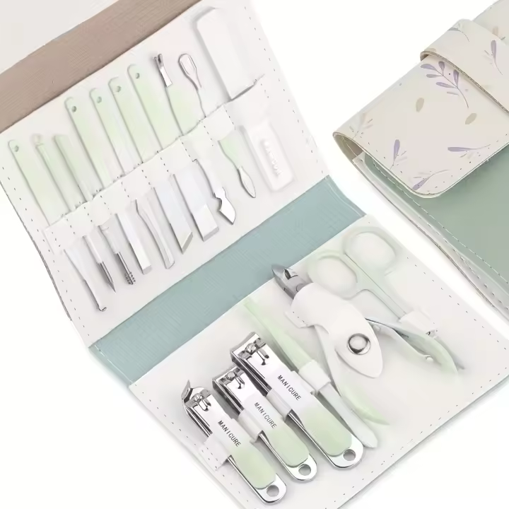 Juego de manicura con estuche portátil de cuero, cortaúñas de función completa, juegos de pedicura de acero inoxidable, Idea de regalo, 16 piezas por juego - 1