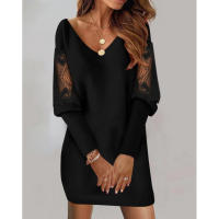 Parche de malla de encaje transparente para mujer，VVestido de retazos Casual de manga larga con cuello - details 2