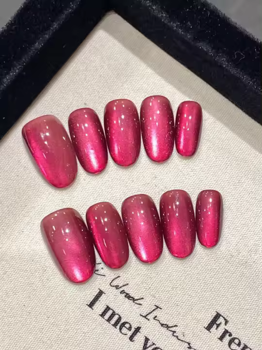 10 Uds. Uñas postizas de presión en mano, diseño de ojo de gato, rojo y rosa, cobertura completa, cortas, para alergias, Material de resina, Uñas postizas, Color puro, usables - 1