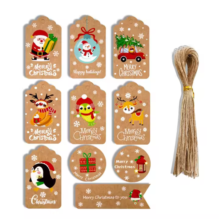 50 Uds. Etiquetas de papel Kraft de Navidad DIY gracias artesanías de varios estilos etiqueta colgante con etiquetas de cuerda suministros para envolver regalos - 1