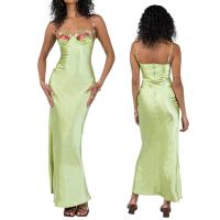Temperamento Primavera Verano moda Sexy bordado Ence correas Color sólido vestido largo mujer verde hábil envoltura de cadera - details 9