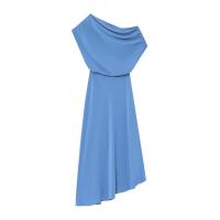 BUNO-Casual Chic vestido de mujer azul sólido asimétrico drapeado cremallera Vestidos largos nueva moda 2025 Primavera Verano vestido de vacaciones. - details 2