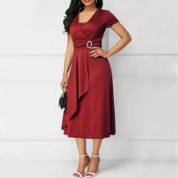 BUNO-Vestido de fiesta de cóctel para mujer, vestido informal con cuello en V, manga corta, cintura con cordones, asimétrico, dobladillo ancho, vestido de fiesta de noche - details 2