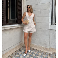 Conjunto de Top y pantalones cortos con cuello en V para mujer, traje de dos piezas para el lugar de trabajo, color caqui, para ir al trabajo - details 14