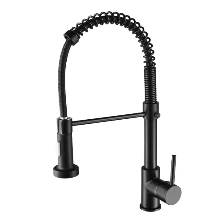 Grifo extraíble de latón para cocina, mezclador de agua fría y caliente con boquilla de doble modo cromado, con resorte, color negro mate - 1