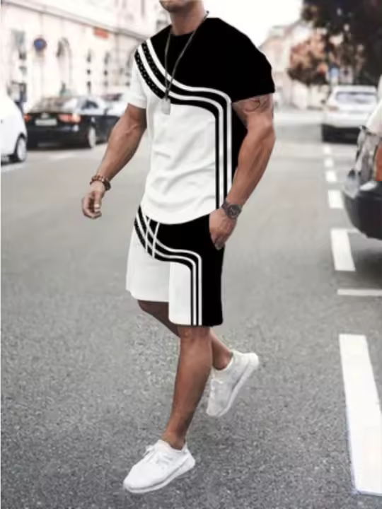 Traje de moda de verano para hombre, conjunto de pantalones cortos de playa informales, camiseta de manga corta a rayas con estampado 3D, trajes de 2 piezas con cuello redondo, ropa para hombre - 1