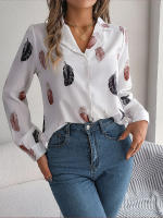 Blusa de manga larga con estampado de plumas para mujer, camisa blanca a la moda, Top informal para oficina, ropa elegante para mujer, novedad de otoño - details 5