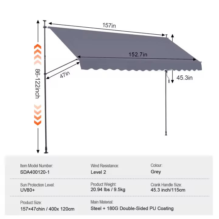 SucceBuy Toldo de patio retráctil, con manivela manual. Altura ajustable. Toldo para patio al aire libre, adecuado para patio, balcón, patio. - 1