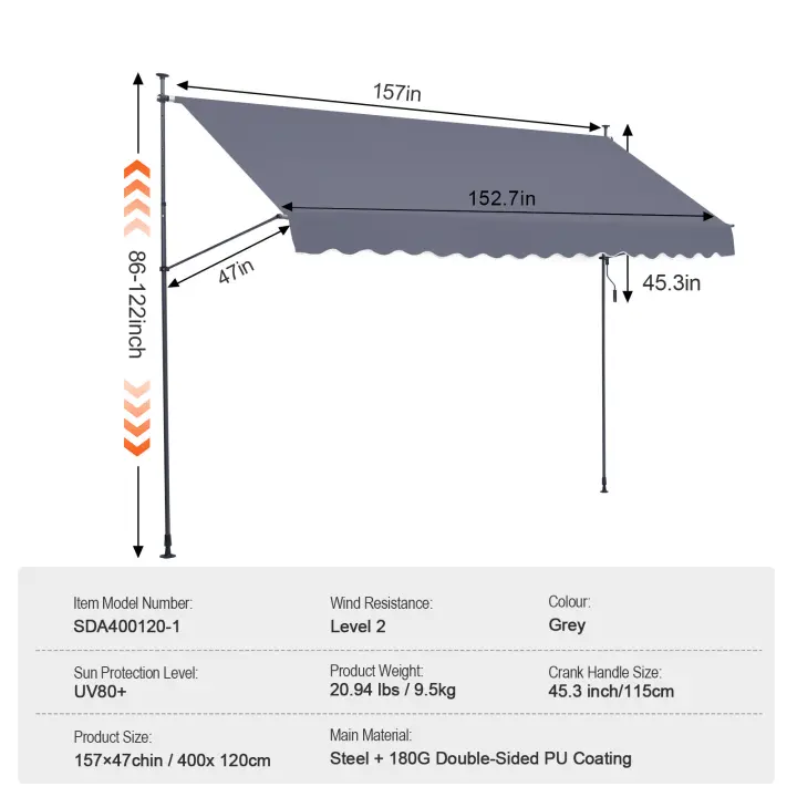 SucceBuy Toldo de patio retráctil, con manivela manual. Altura ajustable. Toldo para patio al aire libre, adecuado para patio, balcón, patio. - 1
