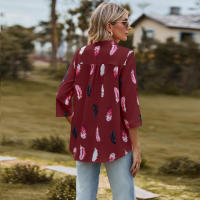 Camisa con estampado de plumas de tres cuartos y manga e para mujer, cuello en V, otoño, nueva - details 26