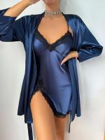 Conjunto de pijama con ribete de encaje de seda, adecuado para que las mujeres usen batas cómodas y pijamas sexys. - details 7