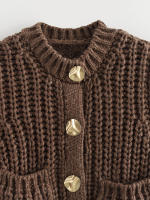 TRAFZA-suéter sin mangas con cuello redondo para mujer, cárdigans holgados e informales de una sola botonadura, color liso, a la moda, otoño, 2024 - details 3