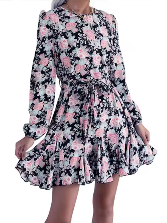 Vestido femenino con cordones, volantes, negro, elegante y hermoso, vestidos de manga larga para mujer, nuevas características de bonito lujo Otoño Invierno - 1