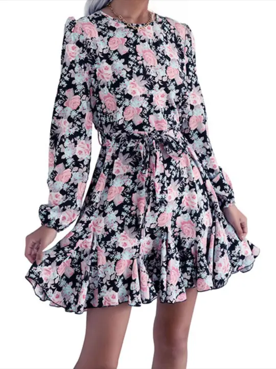 Vestido femenino con cordones, volantes, negro, elegante y hermoso, vestidos de manga larga para mujer, nuevas características de bonito lujo Otoño Invierno - 1