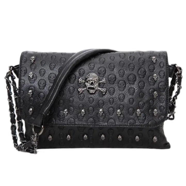 Bolso Cruzado De Cuero PU Negro Vintage Con Hebilla Y Estilo De Calavera Para Mujer Bolso De Hombro Moda Diseñador Bolsos - 1